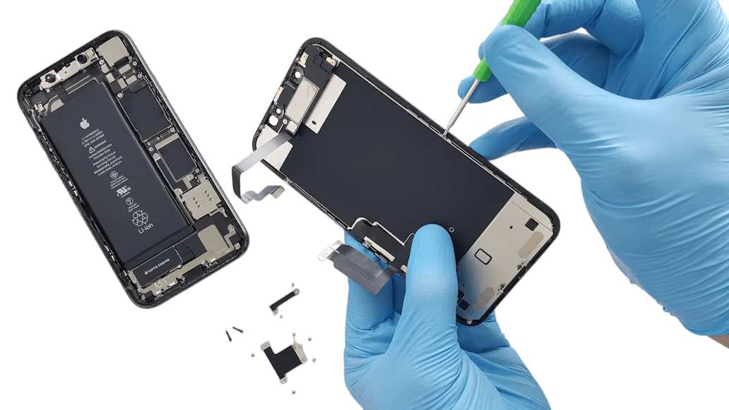 Technician repairing an open smartphone with precision tools